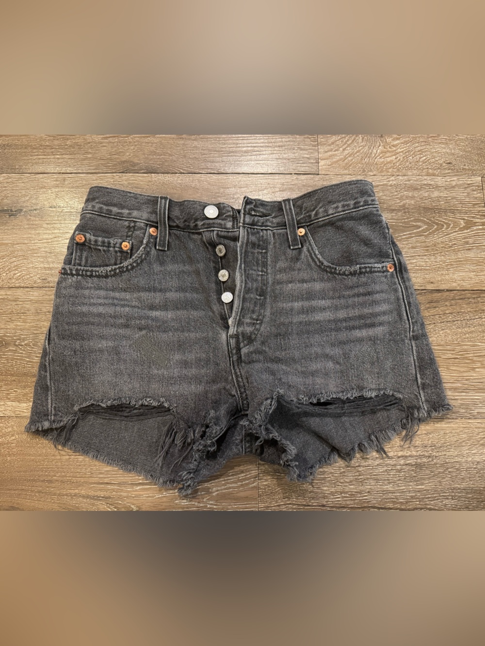 Women’s Levi’s 501 Black Distressed High-Waist Denim Shorts, size 25